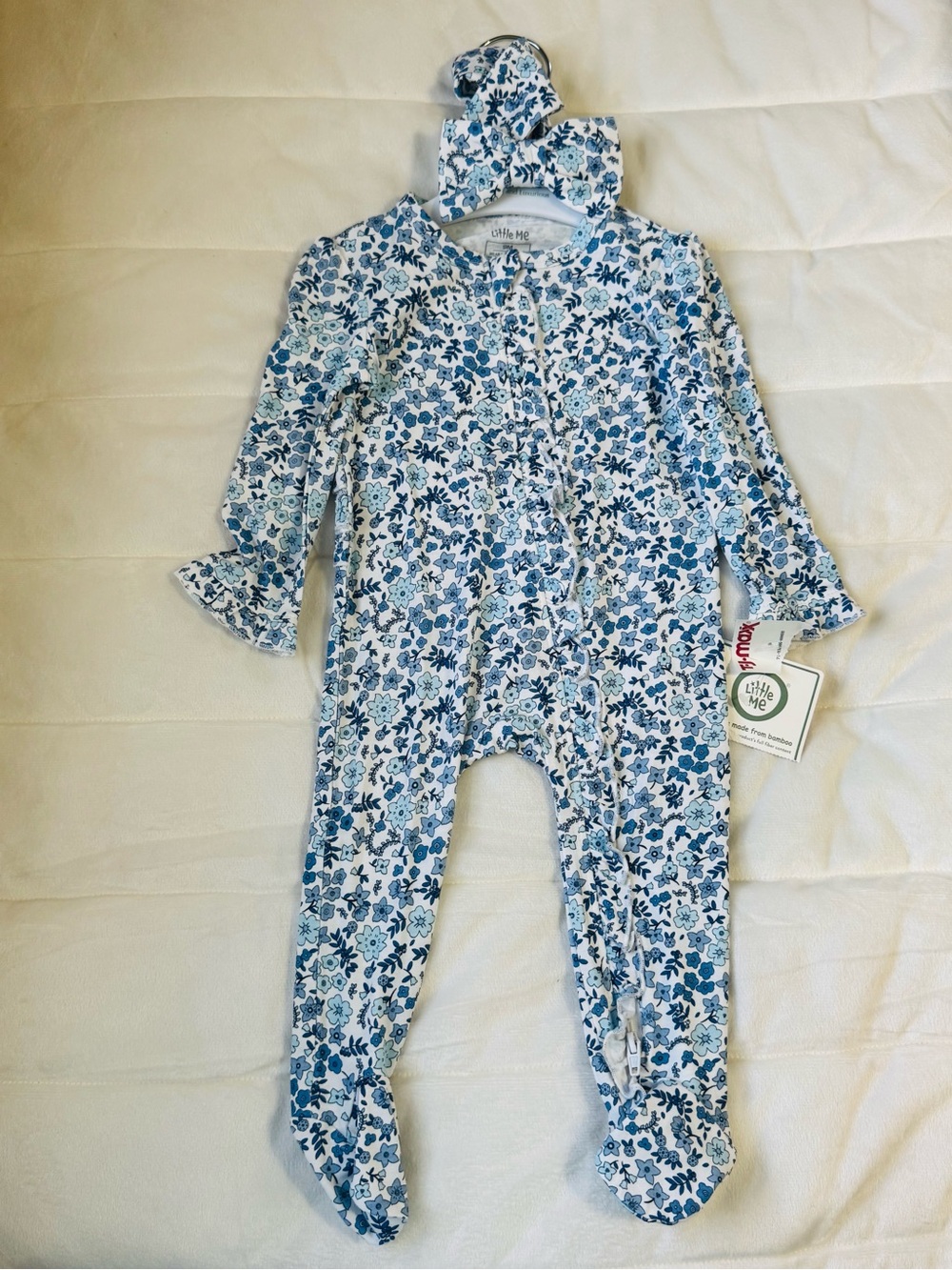 Little Me Blue and White Floral Footed One-Piece with Matching Bow